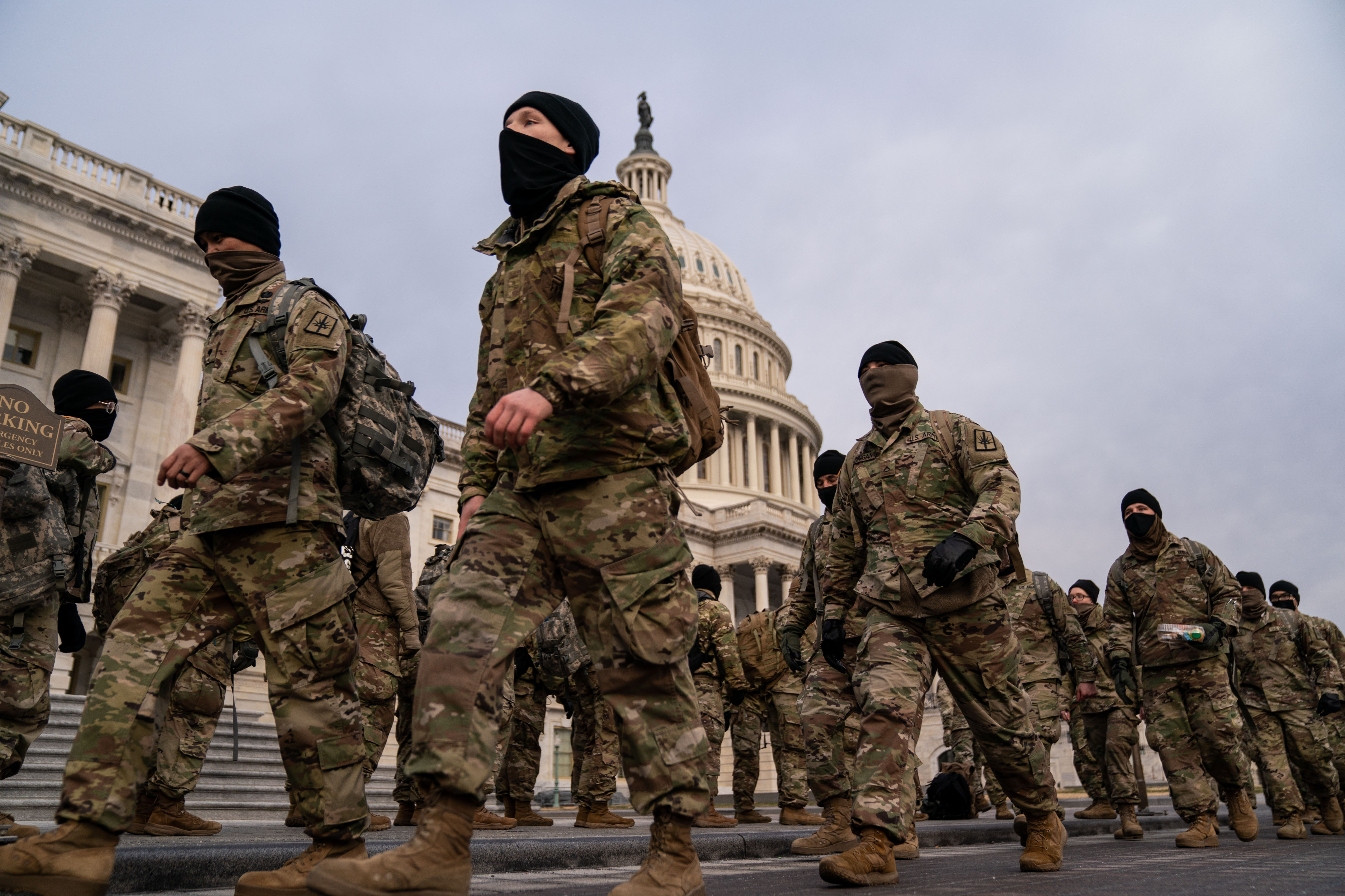 WASHINGTON, DC - JANUARY 11: National Guard member stage on the U.S. Capitol Building grounds, as heightened security measures are in place nearly a week after a pro-Trump insurrectionist mob breached the security of the nations capitol while Congress voted to certify the 2020 Election Results on Monday, Jan. 11, 2021 in Washington, DC. (Kent Nishimura / Los Angeles Times via Getty Images) (Getty Images)