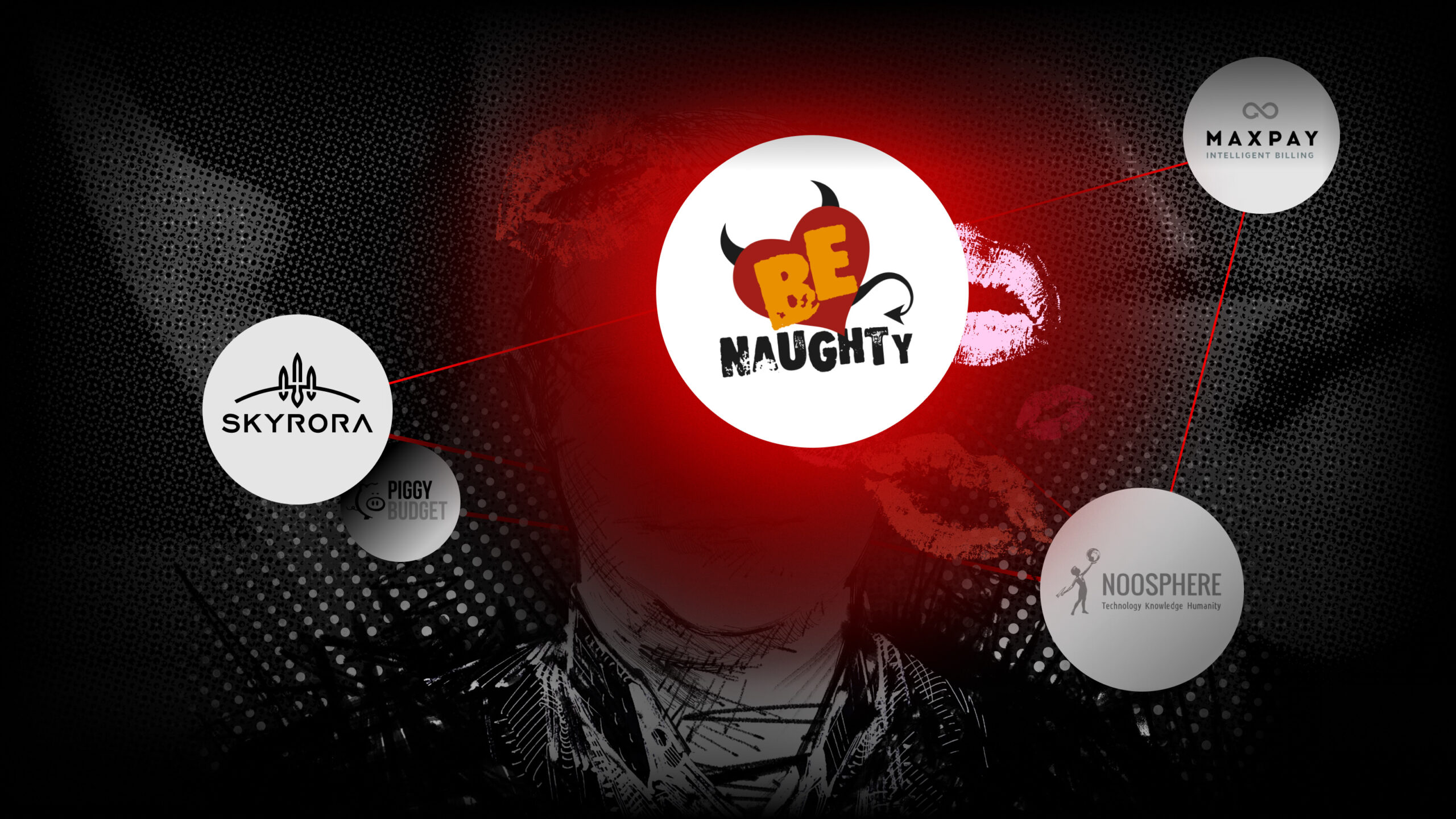 Illustration of a figure with face obscured by a glowing red Be Naughty logo. In the background are the logos of other companies discussed in this series connected by red lines.