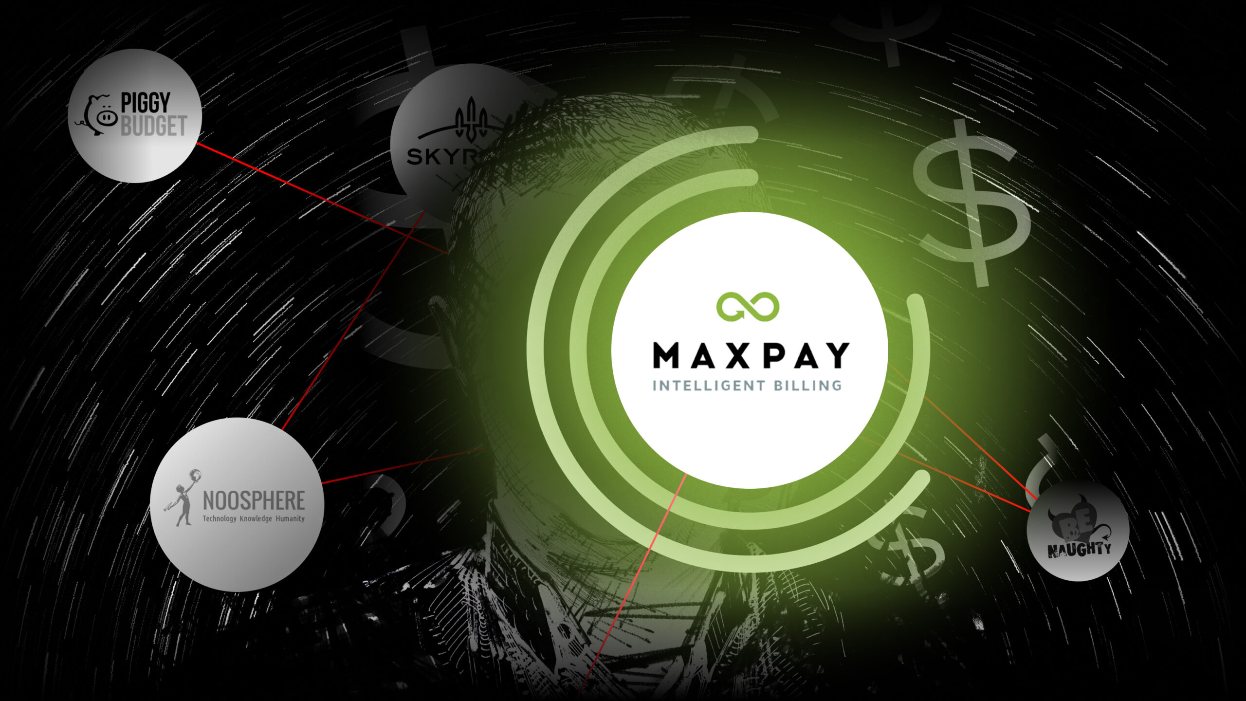 Illustration of a figure with face obscured by a glowing green Maxpay logo. In the background are the logos of other companies discussed in this series connected by red lines.