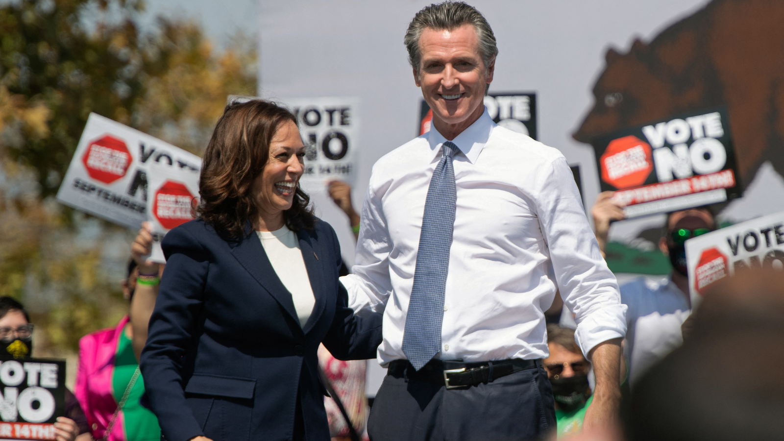 Kamala Harris and Gavin Newsom during a campaign event in San Leandro, California, on Sept. 8, 2021. (Getty Images)