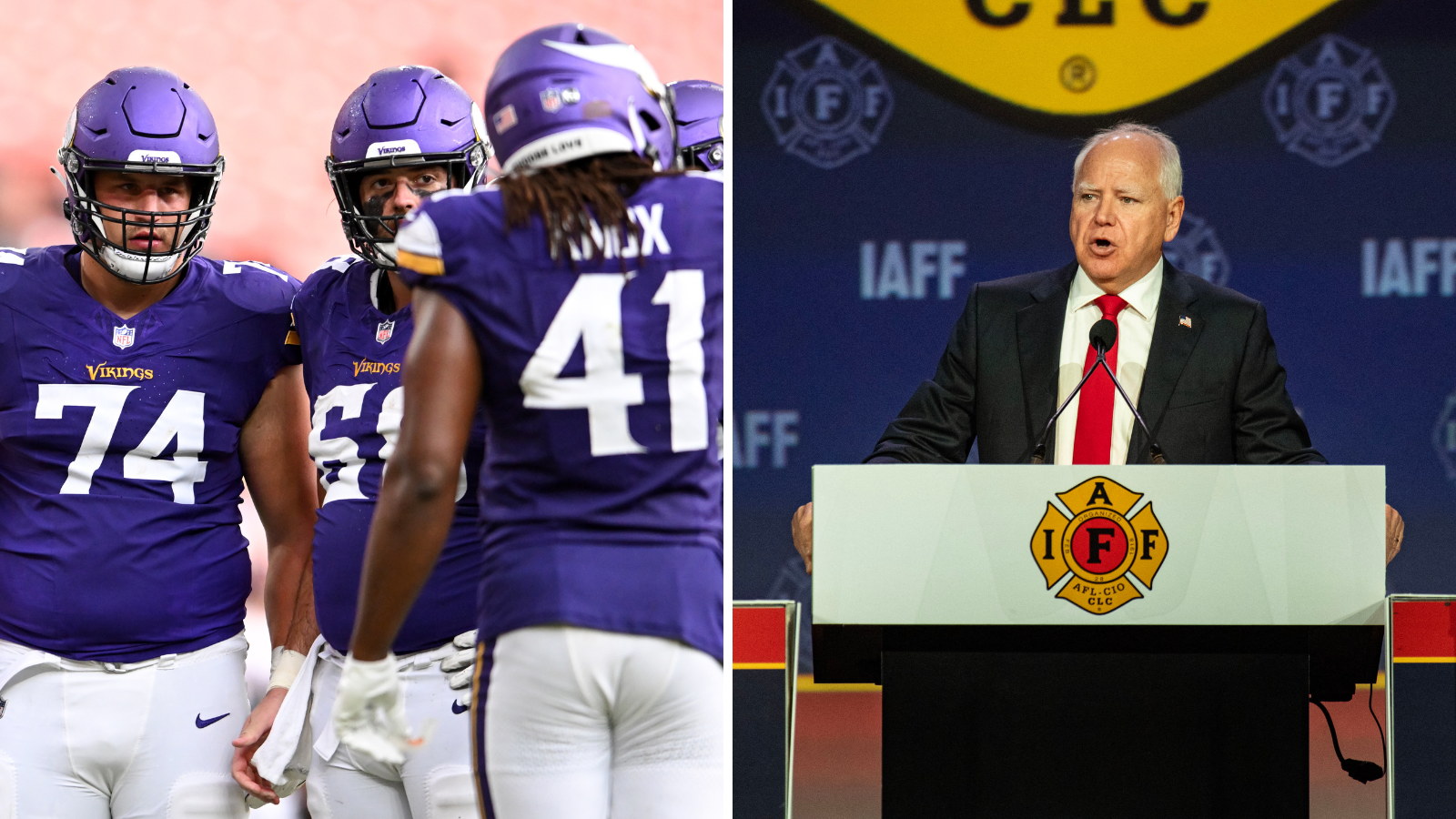 An image of Black athletes wearing purple uniforms is shown next to a white man wearing a black suit speaking at a podium.